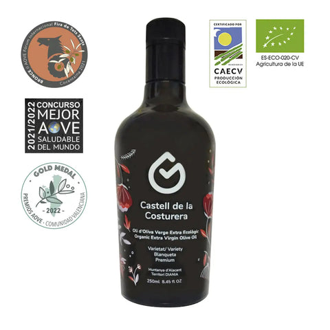 Aceite de oliva ecológico blanqueta castell de la costurera Caja 6 botellas 500 ml