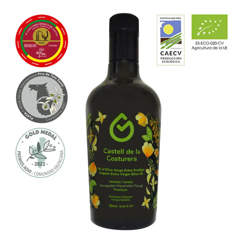 Aceite de oliva ecológico blanqueta Manzanilla Picual Castell de la Costurera Caja 11 botellas 250 ml