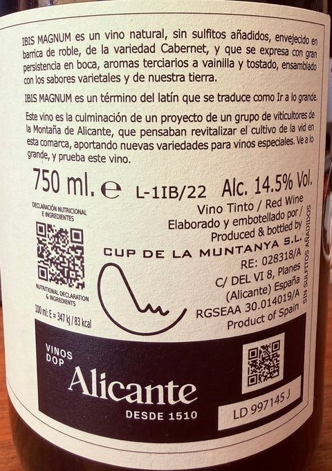 Ibis Magnum 12 m crianza natural Cabernet Franc de Cup La Muntanya