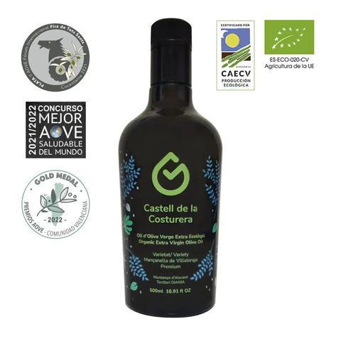Aceite de oliva ecológico Manzanilla Castell de la Costurera Caja 6 botellas 500 ml